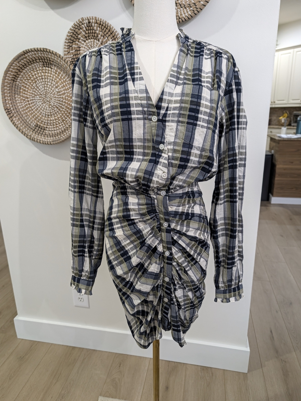 Veronica Beard Vilette Plaid Shirtdress in an army multi plaid pattern Size 2